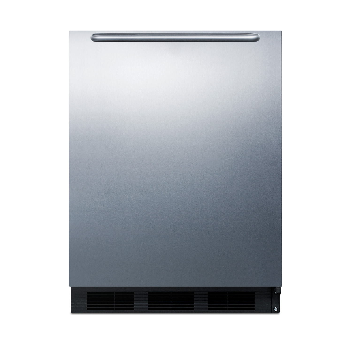 24 inch wide ADA compliant built-in undercounter all-refrigerator for residential use, auto defrost with stainless steel wrapped door, horizontally mounted handle, and black cabinet